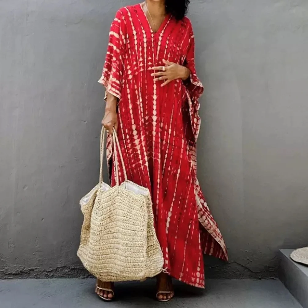 New Red Bohemian Tie Dye Kaftan Kimono Dress - Picture 2 of 5